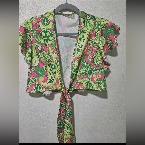 SHEIN VCAY Paisley Print Butterfly Sleeve Knot Front Crop Top size M new - Picture 1 of 13
